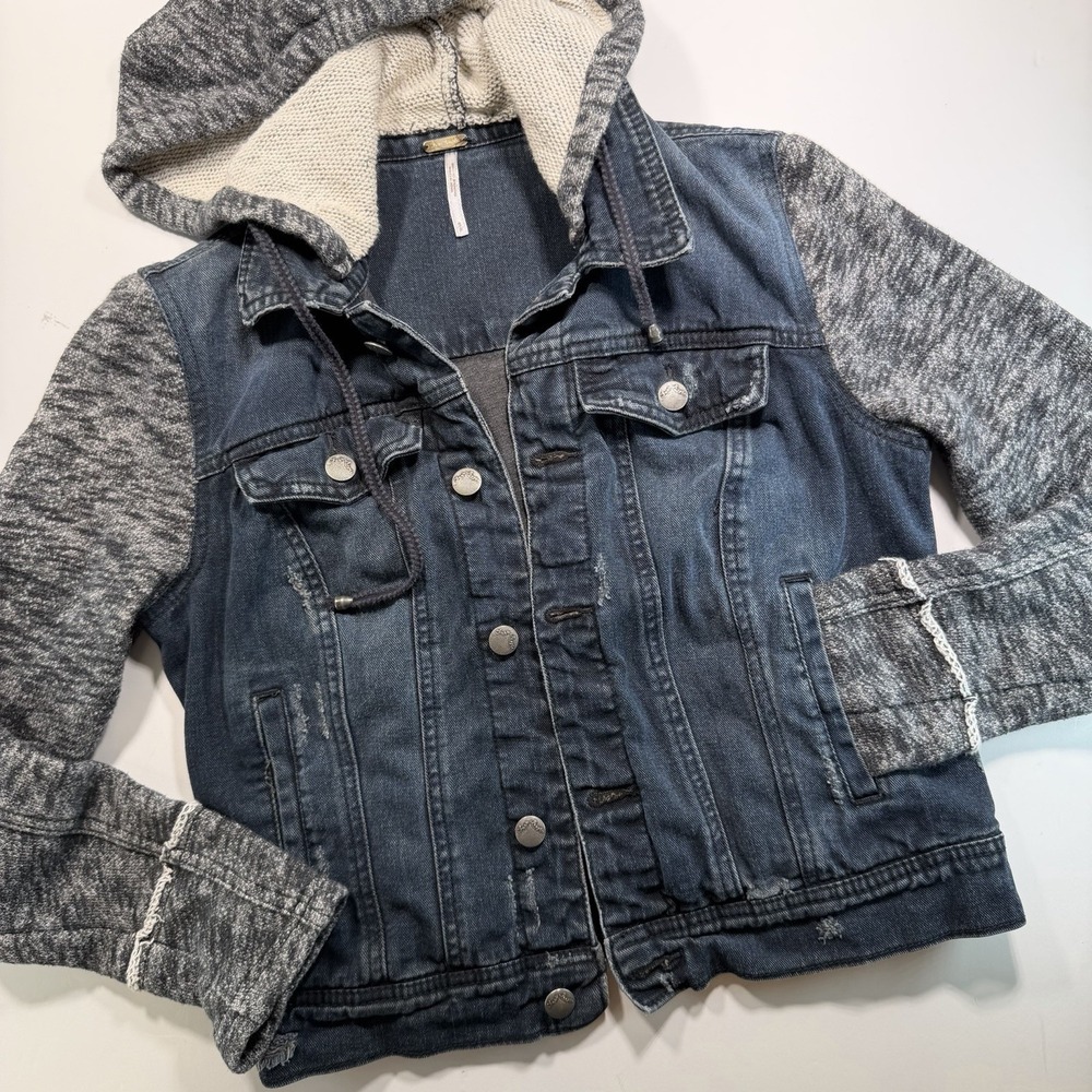 Free People Women's S Cotton Denim Jean Knit Sleeves Hoodie Jacket Blue Gray